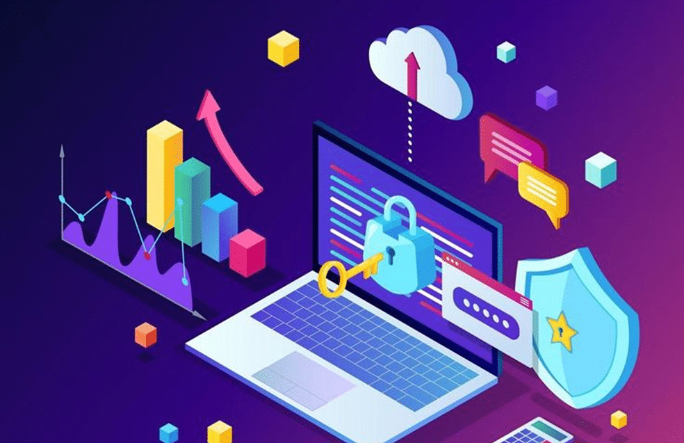 The Complete Guide to Cloud Backup Services: Secure Your Data Today 1 A laptop is surrounded by 3D charts, a cloud with an arrow, and security icons.