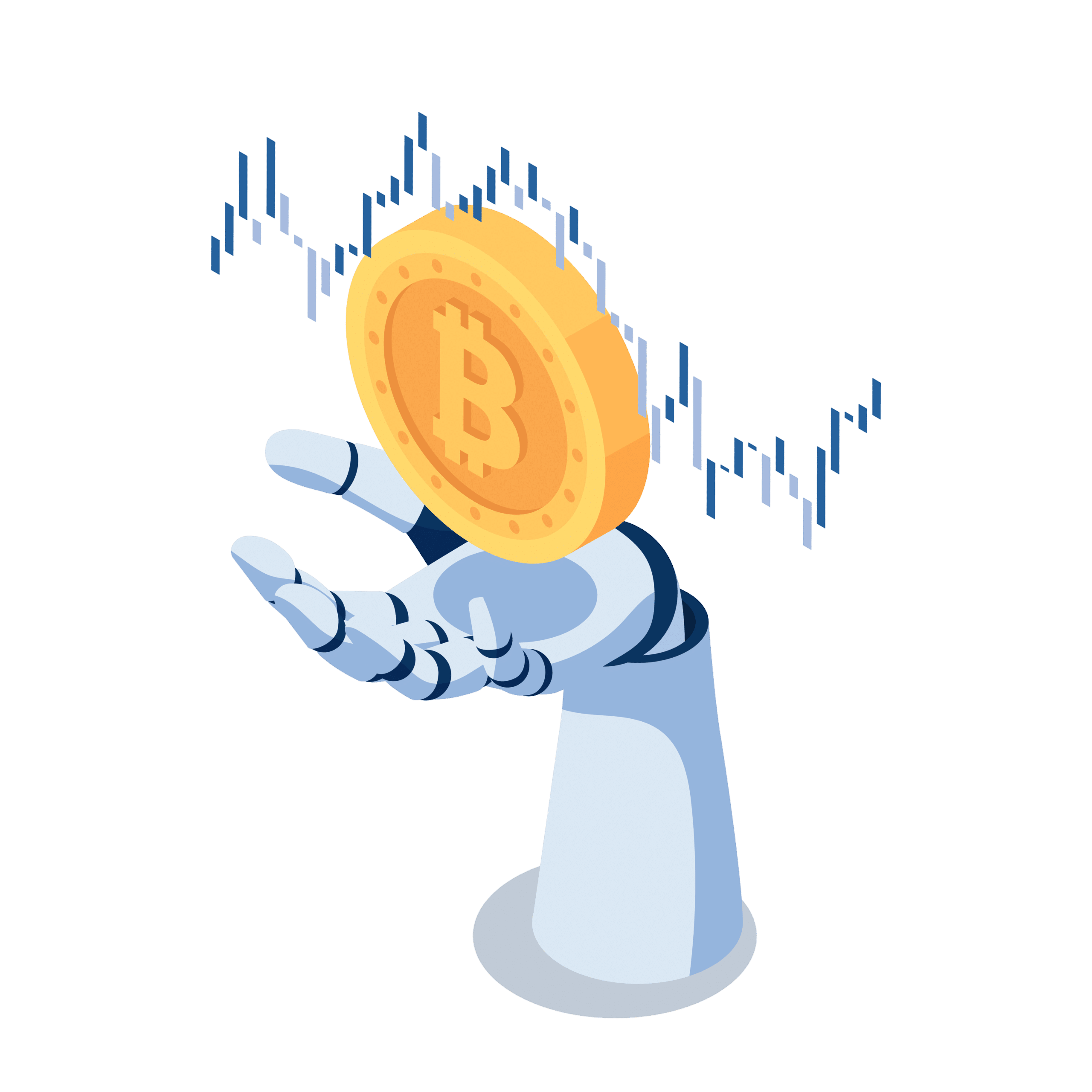 Isometric Ai Robot Hand Holding Bitcoin with Financial Chart